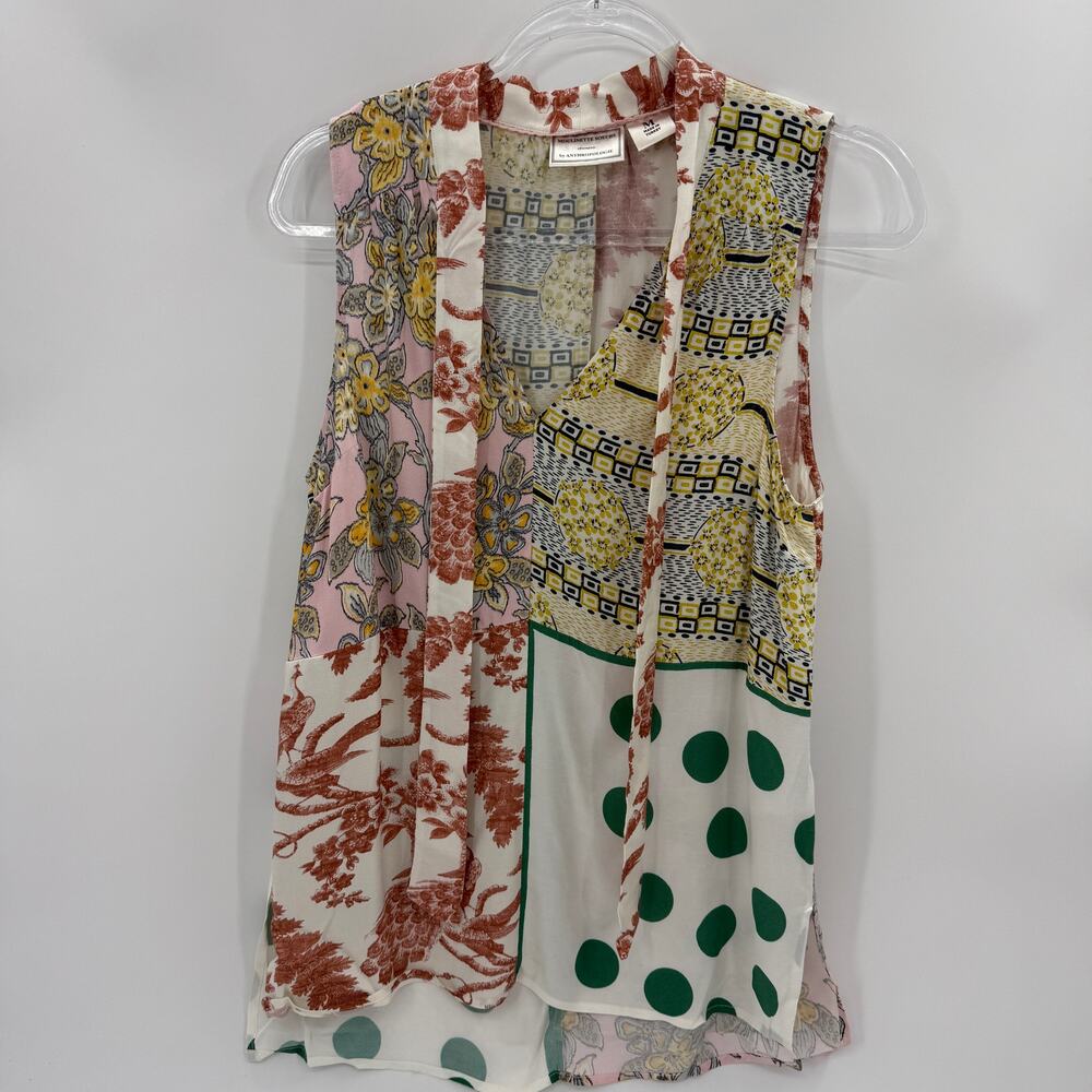 MOULINETTE SOEURS by Anthro Womens Button Up Tank Size M Mix Print Tie Neck